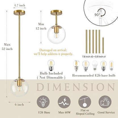 Bagood 6" Globe Pendant Light Gold 2 Pack Mid Century Pendant Light Globe Pendant Lights Kitchen Island Brushed Brass Finished with Clear Glass Adjustable Ceiling Light Fixtures for Dining Room Bar