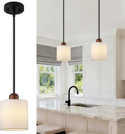 5.9" Drum Pendant Light with White Fabric Shade Modern Hanging Pendant Light Fixture| Adjustable Semi Flush Mount Kitchen Island Dining Room Bedroom Black 2 Pack