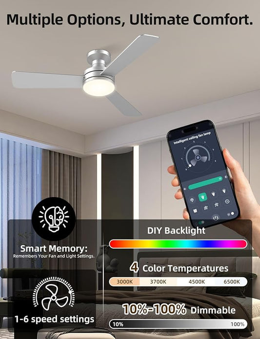 42 inch RGB Ceiling Fan with Light, Smart App & Remote Control Low Profile Flush Mount, Music Sync Lighting, 6-Speed Quiet Reversible DC Motor, 4CCT Dimmable for Home Office Party, Silver