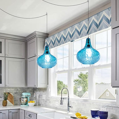 2-Pack Blue Hanging Lamp Vintage Plug in Pendant Light Fixture Globe Glass Plug in Ceilig Pendant Lamp with Cord Hammered Shade Plugin Hanging Lamp for Bedroom Dining Living Room