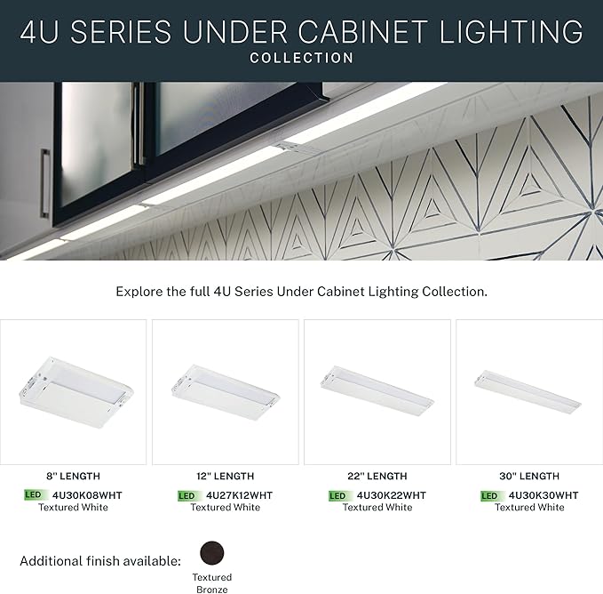 Kichler 4U Series 22" 120V LED Under Cabinet Light in White, 3000K, (22" L x 4.5" W x 1"H), 4U30K22WHT