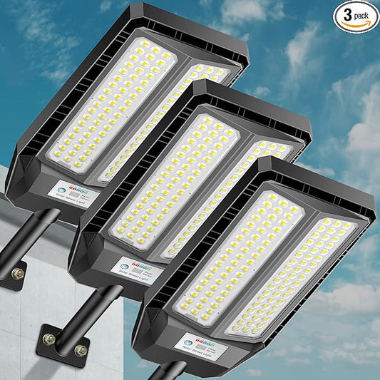VOOJOY 5000W Solar Street Lights Outdoor, 7000K Solar Light Outdoor LED Street Light Dusk to Dawn, LED Wide Angle Lamp with Motion Sensor and Remote Control for Parking Lot, Yard, 3 Pack