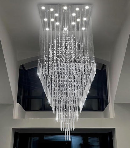 HAIXIANG W40 x H120 Glam Chandelier with LED Bulbs Square Chandeliers, Crystal Raindrop High Ceiling Pendant Light for Entrance Large Villa Chandelier Foyer Lighting Fixtures Silver