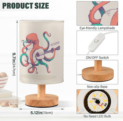 Table Lamp Vintage Octopus Play Guitar Ocean Marine Sea Life Design Nightstand Lamp with Wood Base Fabric Lamp Shade Bedside Desk Lamp for Living Room Bedroom Kids Room Office