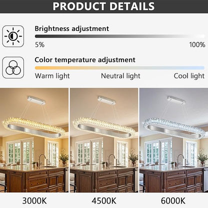 32'' Oval Ring Crystal Chandelier Modern LED Dimmable Ring Pendant Light Chandelier for Dining Room Living Room Silver