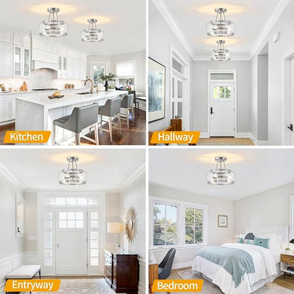 Brushed Nickel Modern Glass Ceiling Light, 3-Light Drum Semi Flush Mount Ceiling Light , Entryway Light Fixture, 11.81" Ceiling Lamp for Hallway Bedroom Laundry Room Dining Room Kitchen Light Fixtures