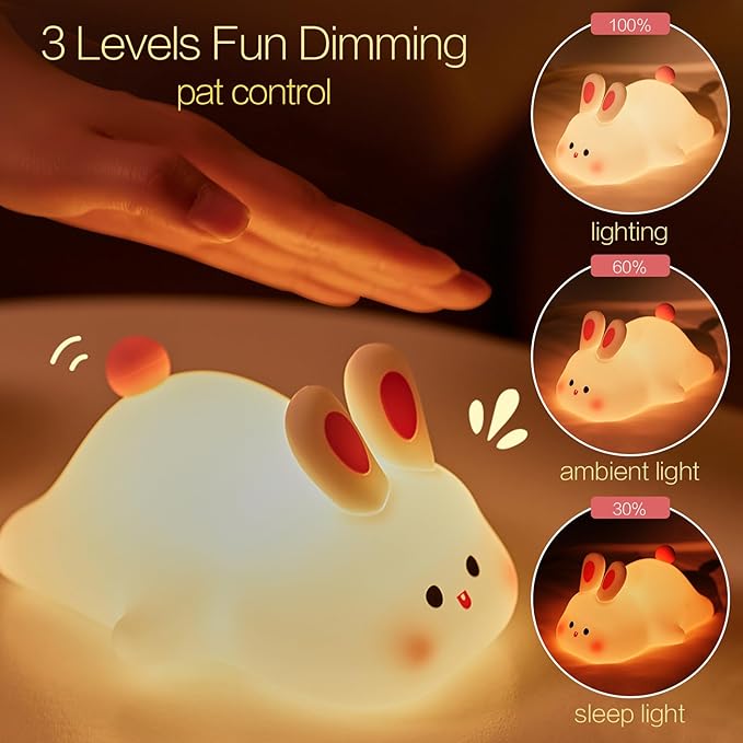 YR YRHH-PET Cute Bunny Night Light, Squishy Rechargeable Bunny Lamp Kids Easter Gift, Big Face Rabbit Decor, Mom or College Girl Gifts, Dimmable Bunnies, Nursery Touch Nightlight, Safe Silicone