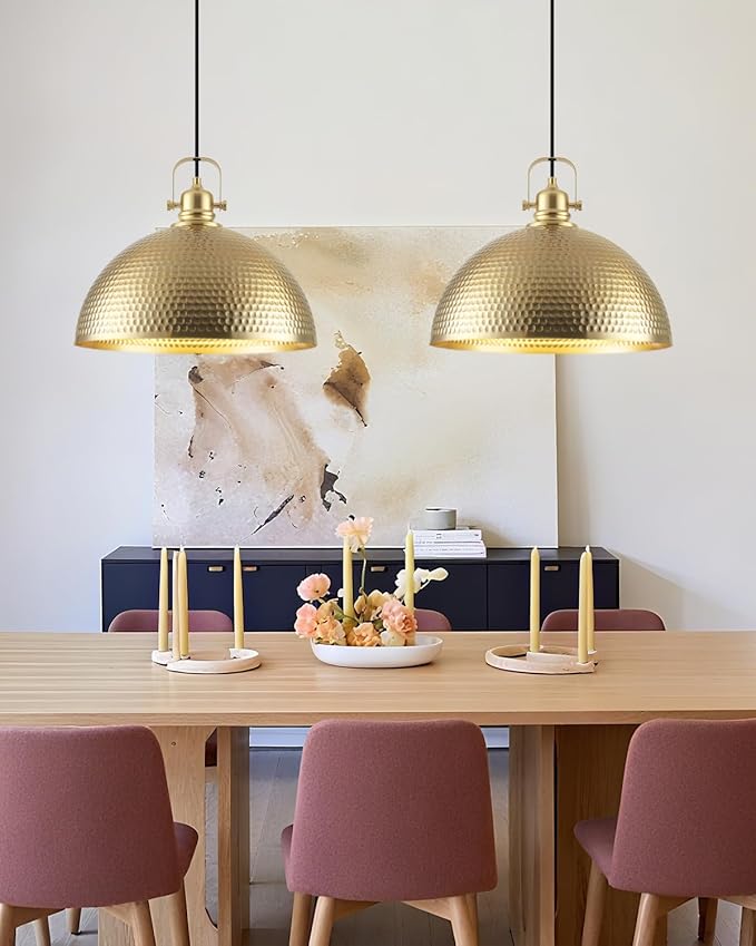 Gold Pendant Light 16 inch, Hammered Large Dome Pendant Light, Industrial Farmhouse Pendant Lights Kitchen Island, Gold Kitchen Pendant Lights for Kitchen, Dining Room Living Room 2 Pack