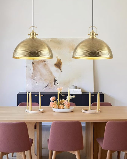 Gold Pendant Light 16 inch, Hammered Large Dome Pendant Light, Industrial Farmhouse Pendant Lights Kitchen Island, Gold Kitchen Pendant Lights for Kitchen, Dining Room Living Room 2 Pack