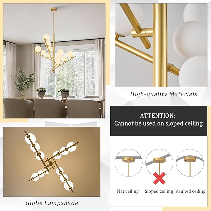CATINER 12 Lights Gold Sputnik Chandeliers L36”Mid Century Ceiling Pendant Lighting with Milk Glass Globe Shades Modern Chandelier for High Ceiling Foyer Living Room Dining Room