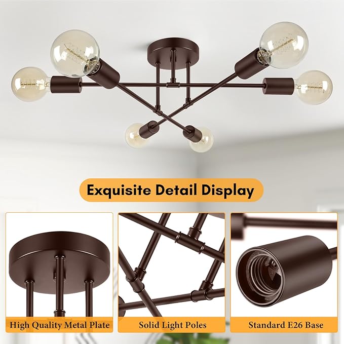 Bosceos Modern Sputnik Chandelier Ceiling Light Fixture 6-Light, Bedroom Light Fixture, Sputnik Lights Fixture for Living Room, Dining Room, Kitchen, Office, Foyer, Hallway (Brown) - E26 Base