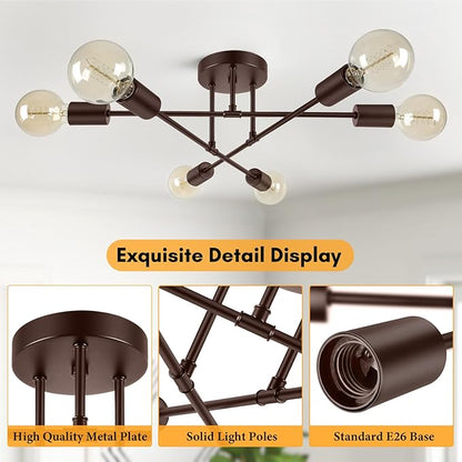 Bosceos Modern Sputnik Chandelier Ceiling Light Fixture 6-Light, Bedroom Light Fixture, Sputnik Lights Fixture for Living Room, Dining Room, Kitchen, Office, Foyer, Hallway (Brown) - E26 Base