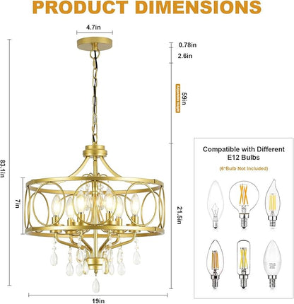 6-Light Modern Gold Crystal Chandelier Dining Room Pendant Lighting Fixture for Farmhouse Bedroom Living Room Kitchen Entryway E12 Bulbs Not Included