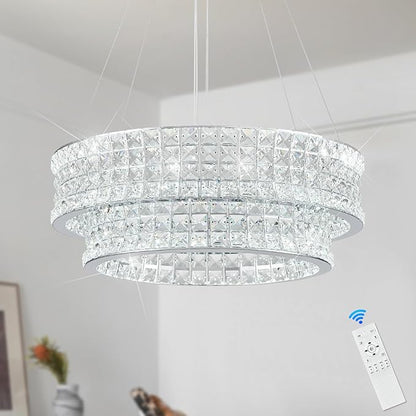 LED Crystal Chandeliers with Remote Control 20’’ Luxury 2-Tier Modern Chrome Chandelier Light Fixture Dimmable for Dining Room Bedroom Kitchen Foyer Entryway 3000-6500K