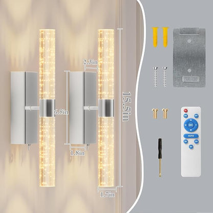 camuucci Battery Operated Wall Sconces Set of 2 Rechargeable Battery Powered Wall Light with 12000mAh Not Hardwired Dimmable Wall Lamp Fixtures for Bedroom Living Room Silver 15.3 Inches