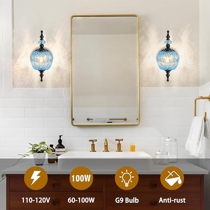 Vintage Wall Sconces with Black Finish Bathroom Blue Wall Light Fixtures with Crystal Glass Shade for Bedroom Living Room Kitchen Hallway