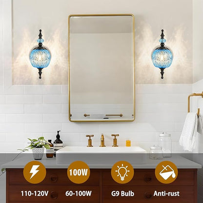 Vintage Wall Sconces with Black Finish Bathroom Blue Wall Light Fixtures with Crystal Glass Shade for Bedroom Living Room Kitchen Hallway