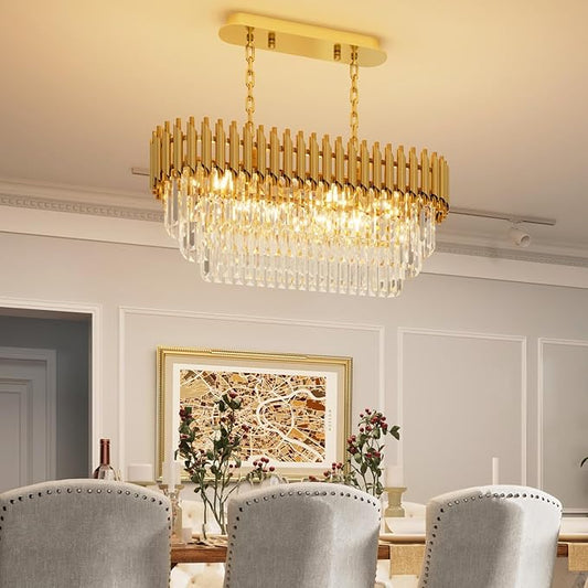 31.5" 8-Light Gold K9 Crystal Chandelier, Luxury Rectangular Raindrop Pendant Light with Adjustable Chain, Hanging Chandeliers for Dining Room, Kitchen Island, Living Room