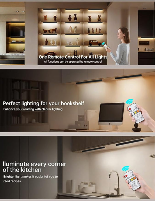 Under Cabinet Lighting Wireless, 2400mAh Rechargeable Cabinet Light, Battery Operated, Magnetic, Stick on, 106 LED 3-Color Shelf Lights, dimmable, with Remote Control(Black, 2-Pack, 12.2 inch