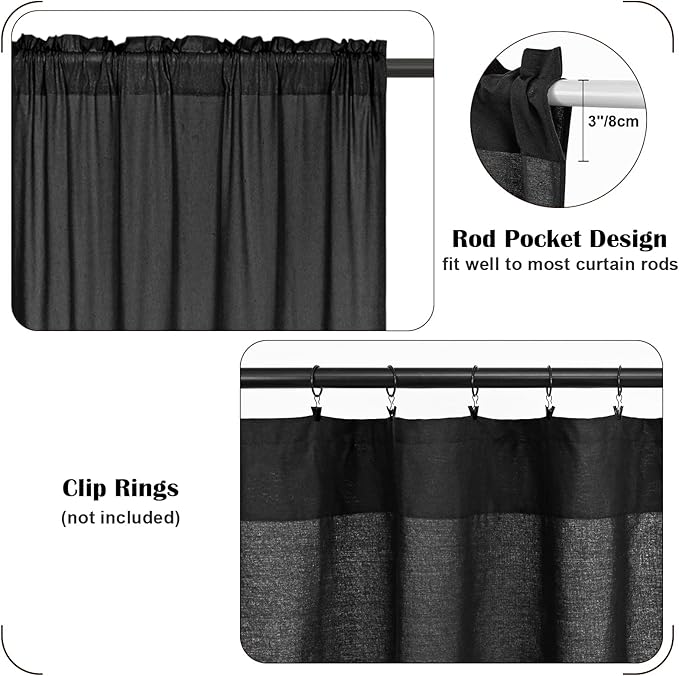 Boho Kitchen Curtains 24 Inch Length, Farmhouse Cotton Linen Tier Curtains, Rustic Button Short Curtain for Windows, Black Country Cafe Curtain, Rod Pocket Small Window Drapes for Kitchen, 26x24