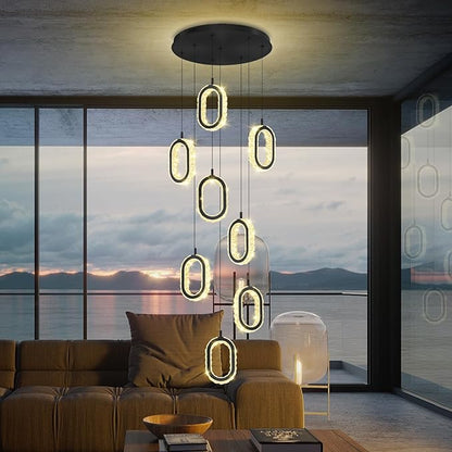 Black 8 Rings Crystal Chandelier for Foyer Stairwell High Ceiling Chandelier Dimmable Oval Crystal Ring Pendant Light
