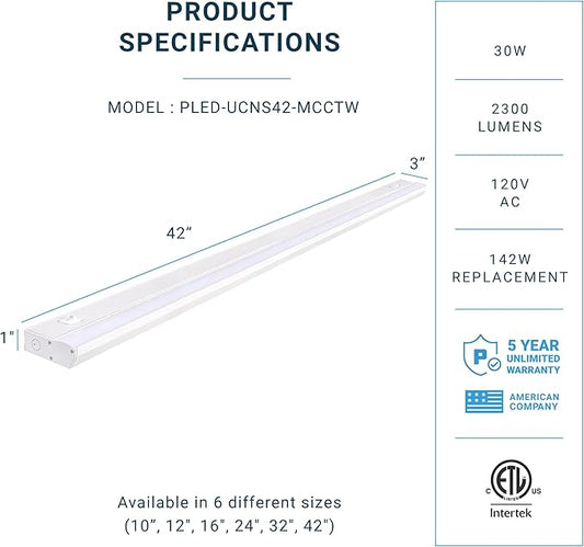 PARMIDA LED Under Cabinet Lighting, Hardwired Installation, 42 Inch, 30W, 5CCT Color Selectable - 2700K/3000K/4000K/5000K/6000K, ETL Listed, 120V, Dimmable, 2300 Lumens, White Finish