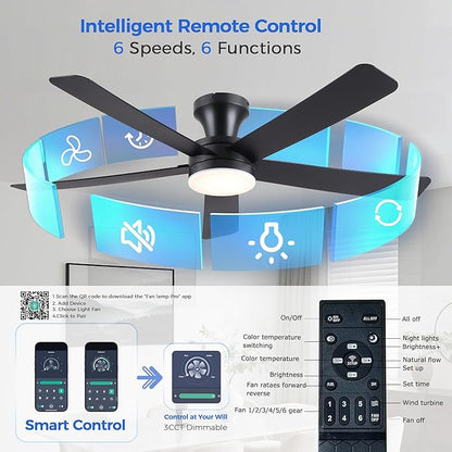 Ayaoty 46" Ceiling Fans with Lights and Remote - Black Flush Mount Ceiling Fan Light with ABS Blades and 3CCT Dimmable, Reversible, Low Profile Fan Light for Indoor Modern Bedroom, Kitchen