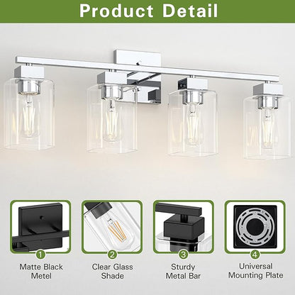 4 Light Bathroom Vanity Light - Chrome Bathroom Light Fixtures Square Design & UL Certification, 26 inch Square Bath Room Lights Over Mirror, Vanity Lighting Fixtures for Living Room & Bedroom