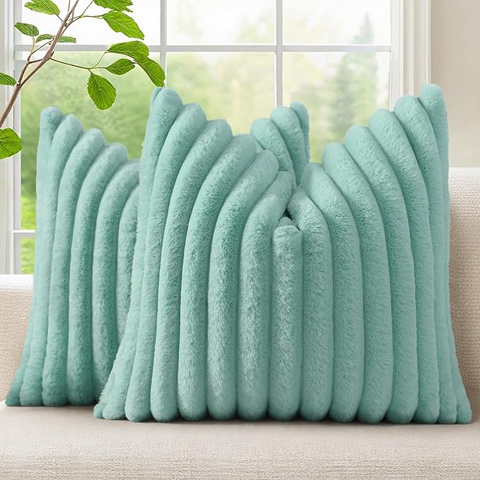 decorUhome Summer Cozy Faux Fur Throw Pillow Covers 24x24 Set of 2 Decorative Soft Plush Striped Modern Farmhouse Boho Couch Euro Sham Pillow Cases with Velvet Back for Sofa Bed Living Room, Aqua
