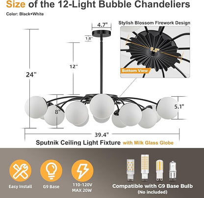 Longree 12-Light Black and White Sputnik Chandeliers with Blossom Accent Milk Glass Bubble Pendant Lighting, Mid Century Opal Glass Ceiling Light Fixture for Dining Hallway Living