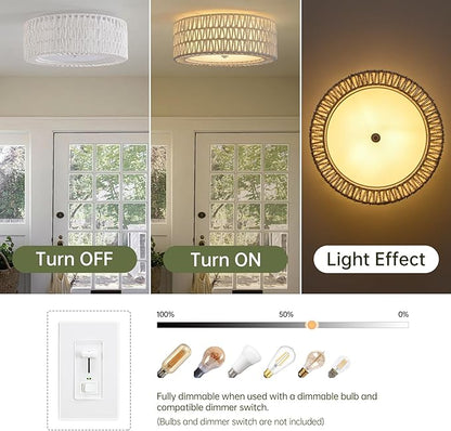 Boho Flush Mount Ceiling Light, 3-Light Rattan Light Fixture White Bedroom Light Fixtures 15.7" Modern Ceiling Light for Nursery Hallway Entryway Kitchen Dining Room