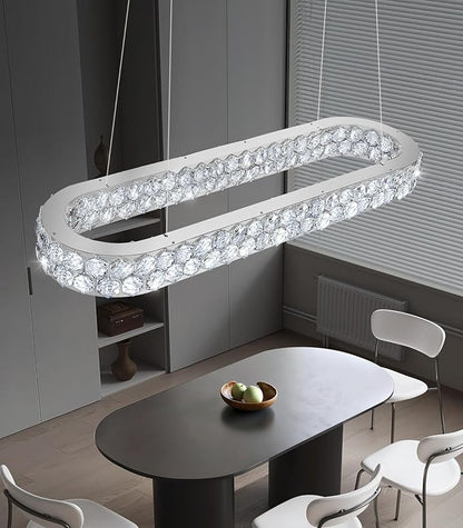 40'' Modern Oval Chandelier Crystal Chandeliers for Dining Room Round Ceiling Light Fixture for Living Room Lighting LED Dimmable with Remote Ring Lights Silver