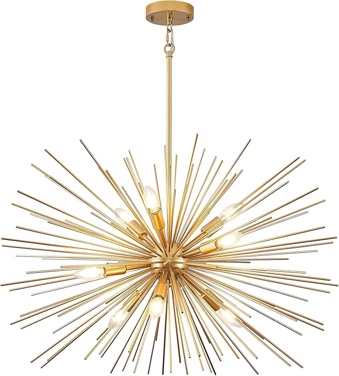 32in Gold Sputnik Chandelier Solid Metal Starburst Chandelier Light Fixture 9-Light Mid-Century Modern Satellite Light Fixture for Living Room Dining Room Foyer Study Room Bathroom,E12