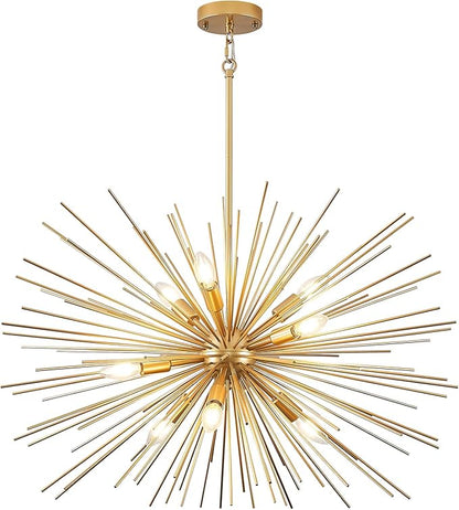 32in Gold Sputnik Chandelier Solid Metal Starburst Chandelier Light Fixture 9-Light Mid-Century Modern Satellite Light Fixture for Living Room Dining Room Foyer Study Room Bathroom,E12
