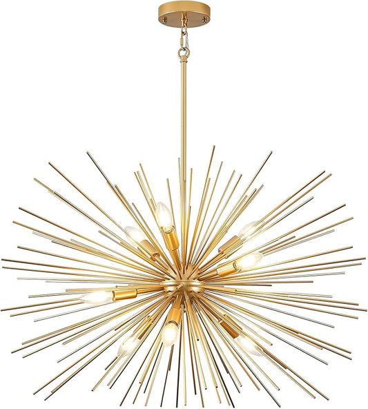 32in Gold Sputnik Chandelier Solid Metal Starburst Chandelier Light Fixture 9-Light Mid-Century Modern Satellite Light Fixture for Living Room Dining Room Foyer Study Room Bathroom,E12