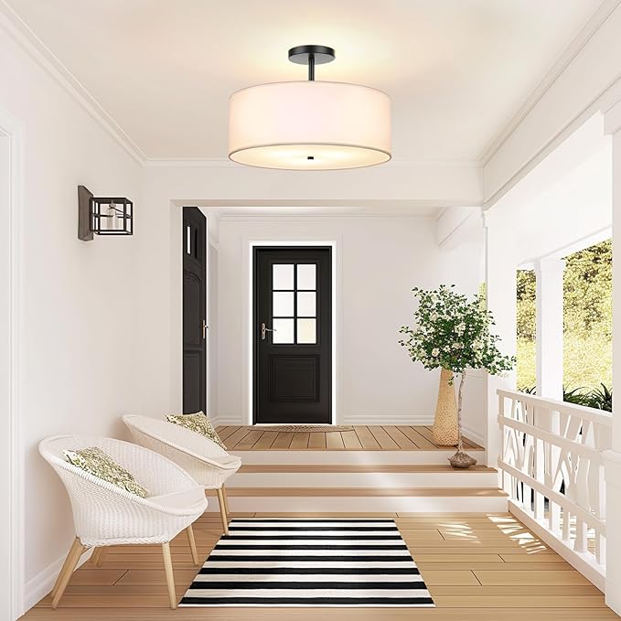 FRIDEKO HOME 3-Light Semi Flush Mount Ceiling Light, 15.74" Black Drum Light Modern with White Fabric Shade Lamps for Bedroom Living Room Kitchen Hallway Entryway Foyer