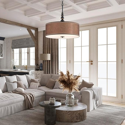 Shrine Lighting Drum Chandeliers, Farmhouse Style, Perfect Drum Pendant Light for Dining Room, D21'' x H8'', Adjustable Chains 59'', E26*3 Sockets, Brown Linen Fabric Lampshade & Black Rod
