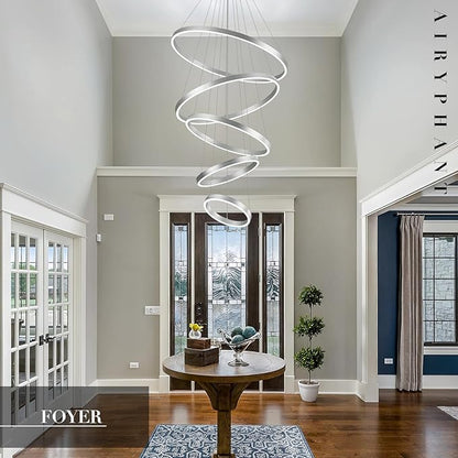 Modern LED Chandeliers 5-Ring Chandelier High Ceiling Chandelier 31" Large Foyer Chandeliers Entryway Silver Dimmable Pendant Light Fixture for Living Room Staircase, 3000K-6500K