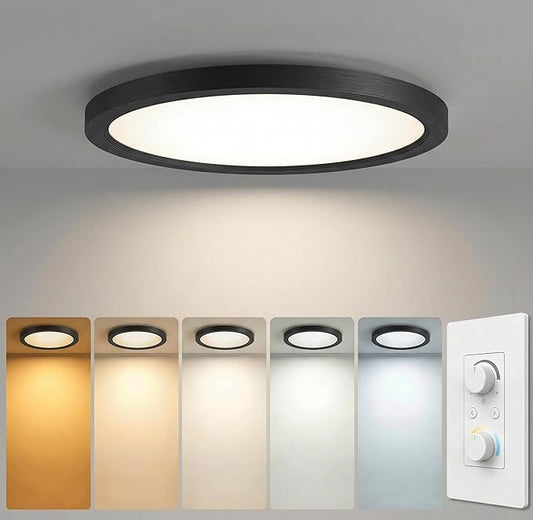 12 Inch 1Pack Super Slim Flush Mount Ceiling Light Fixture,24W 3200LM Dimmable 5CCT Selectable 2700K-5000K Round Light Fixture for Living/Bedroom,Kitchen/Bathroom,Porch &All Indoor Spaces Black