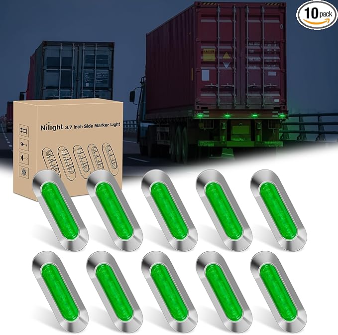 Nilight 10PCS Green Oval Side Marker Lights 4 LED 3.7 Inch Clearance Lamp IP68 Waterproof DC 12-24V with Chrome Bezel Universal for Car Auto Truck Bus Trailer Boat Deck