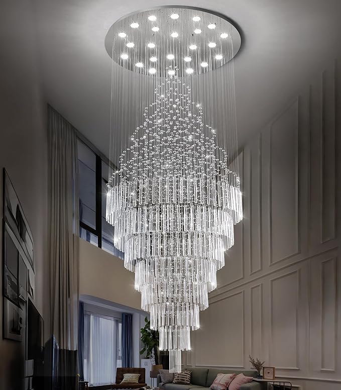 HAIXIANG W47 x H120 Crystal LED Chandelier with Light Bulbs Luxury Raindrop High Ceiling Chandeliers for Entryway Villa Staircase Foyer Living Room Lighting Fixtures Silver