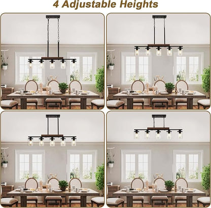 36.2‘’ Kitchen Lighting, 5-Light Dining Room Light Fixture Chandelier Over Table, Black Modern Rustic Wood Ceiling Pendant Light Fixtures, with Clear Glass Shade, Farmhouse Chandelier