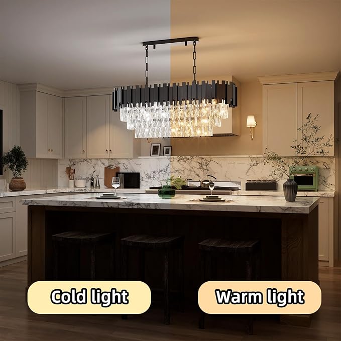 32" Black Rectangular Crystal Chandelier, Modern Flush-Mount 8-Light Ceiling Light Fixture, K9 Raindrop Luxury Pendant Lighting for Dining Room Living Room