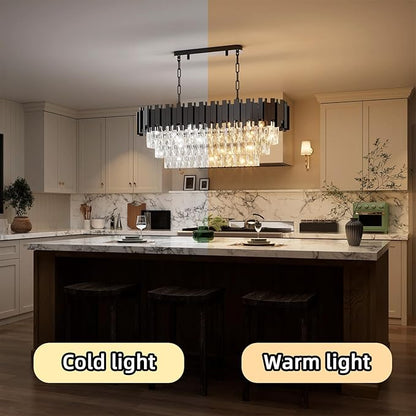 32" Black Rectangular Crystal Chandelier, Modern Flush-Mount 8-Light Ceiling Light Fixture, K9 Raindrop Luxury Pendant Lighting for Dining Room Living Room