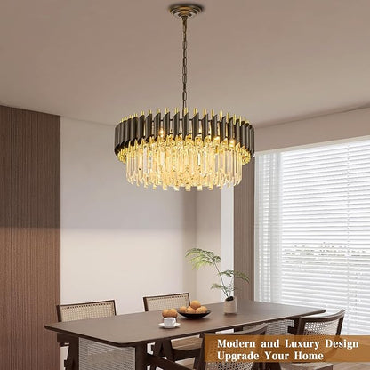 24" Modern Black and Gold Crystal Chandelier for Dining Room,5-Tier 8 Lights K9 Crystal Round Ceiling Light Fixture,Large Pendant Lighting Chandeliers for Living Room Entryway Foyer
