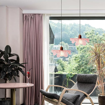 Modern Pink Glass Pendant Lights Fixtures Adjustable 13"/ 33CM Flower Hanging Ceiling Light Farmhouse Wood Chandelier for Kitchen Island Dining Room Foyer Cafe