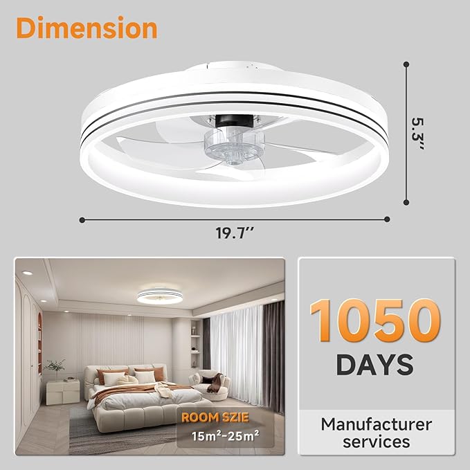 VOLISUN Low Profile Ceiling Fans with Lights and Remote, 19.7in Flush Mount Ceiling Fan with Light, 3000K-6500K Dimmable Fandelier LED Fan Light, White Bladeless Ceiling Fans with Lights for Bedroom