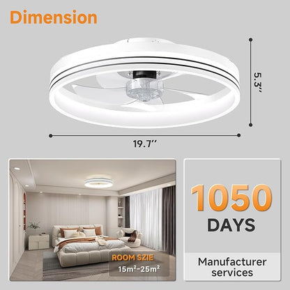 VOLISUN Low Profile Ceiling Fans with Lights and Remote, 19.7in Flush Mount Ceiling Fan with Light, 3000K-6500K Dimmable Fandelier LED Fan Light, White Bladeless Ceiling Fans with Lights for Bedroom