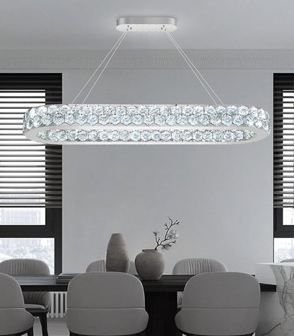 40'' Modern Oval Chandelier Crystal Chandeliers for Dining Room Round Ceiling Light Fixture for Living Room Lighting LED Dimmable with Remote Ring Lights Silver