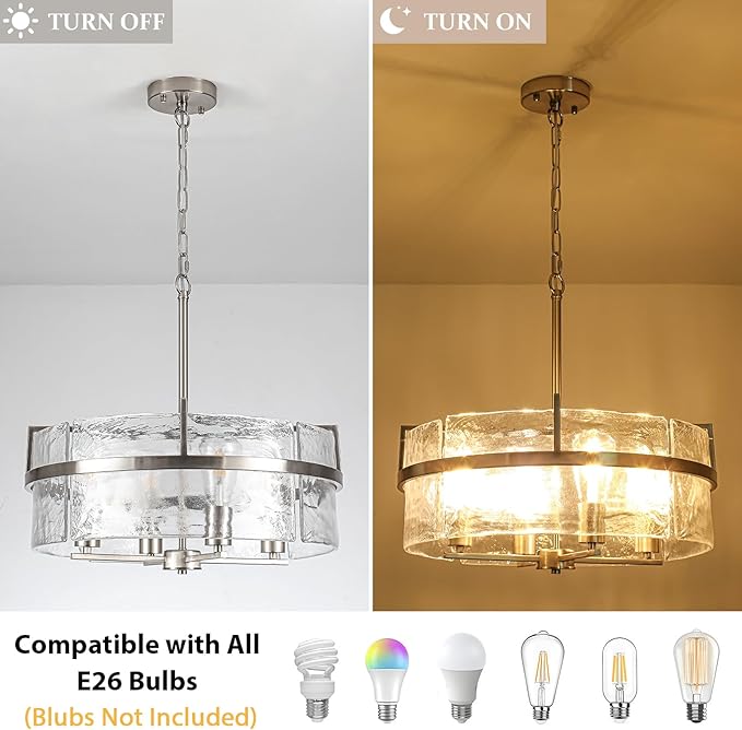 Modern Drum Chandeliers for Dining Room,19.7" Water Ripple Glass Chandelier Over Table Brushed Nickel Crystal Pendant Light Fixtures for Hight Ceiling Living Room Entryway Bedroom Kitchen,E26